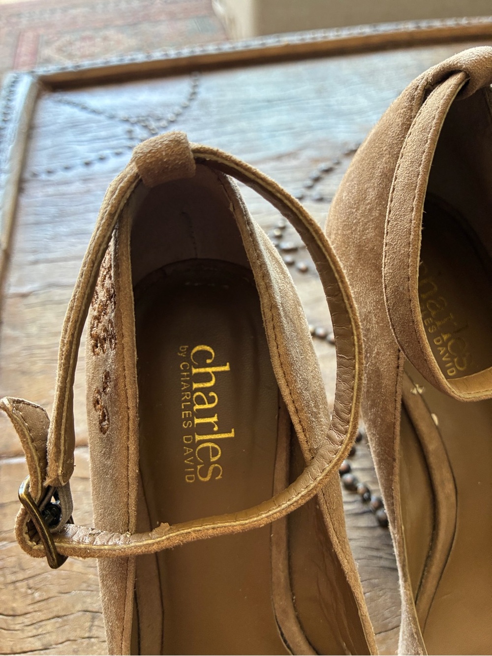 Charles David Taupe Suede Wedge Pumps with Floral Applique - Picture 3 of 4